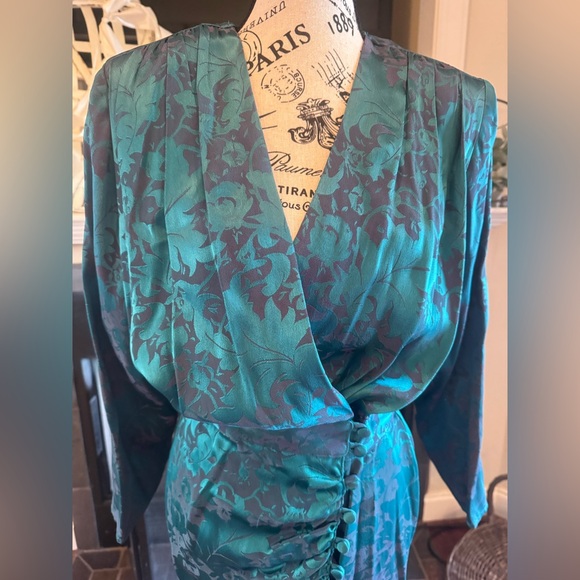 Teal Green Gray Floral Glam Dress Medium 6 8 Dolman Buttons Long Sleeve Silk - Picture 4 of 11